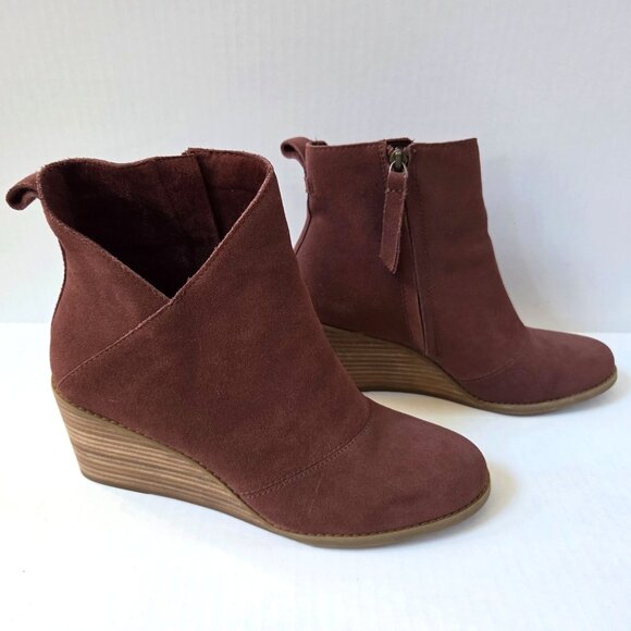 Toms Boots Womens 9 Sutton Chestnut Brown Suede Wedge Comfort Ankle Booties - Picture 5 of 8